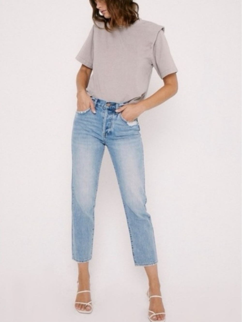 Pistola charlie high rise blue skies distressed straight leg ankle Jean's